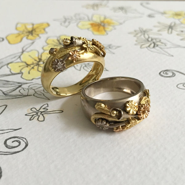 18 carat yellow gold and platinum unique flower and bouquet patterned rings