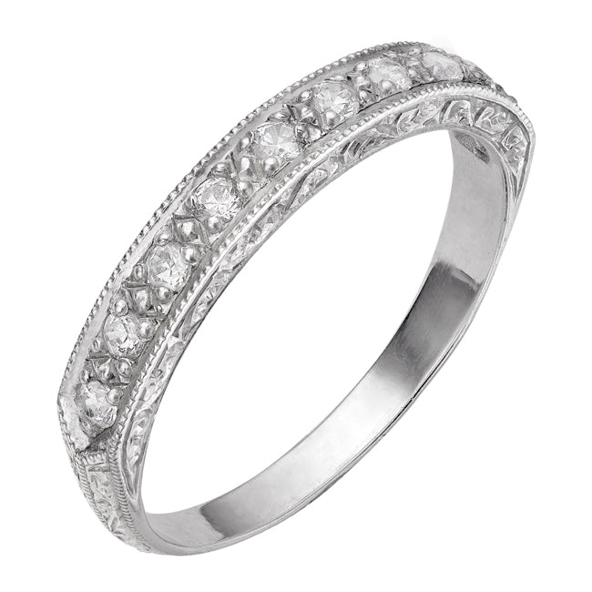 10 diamond platinum wedding band with patterned engraving