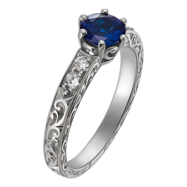 Engraved Sapphire Engagement Ring