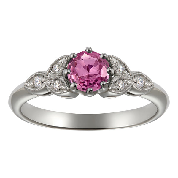 Pink Sapphire engagement ring in platinum Hatton Garden