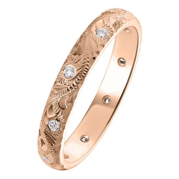 3mm engraved diamond wedding ring in rose gold with paisley pattern