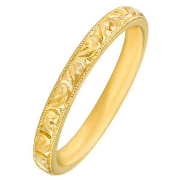3mm engraved wedding ring yellow gold with vintage scroll pattern