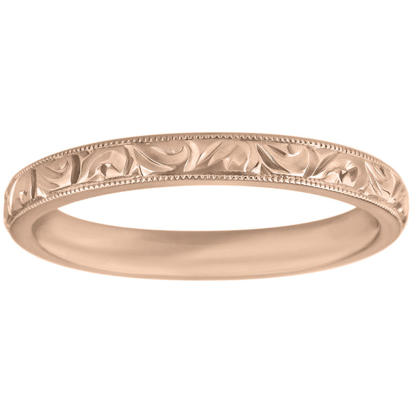 3mm rose gold engraved wedding ring in scroll pattern