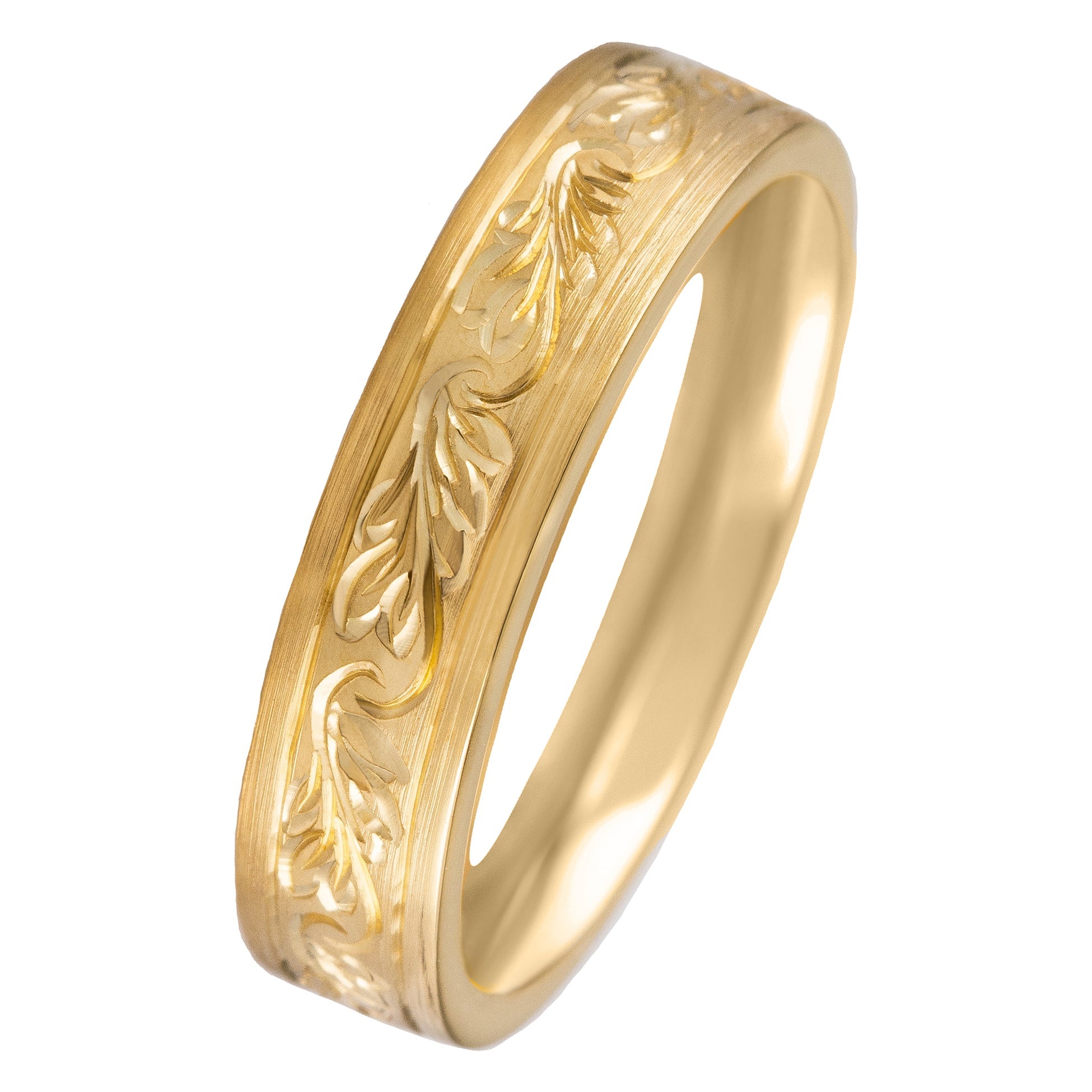 5mm Engraved Leaf Pattern Ring Yellow Gold London Victorian Ring Co