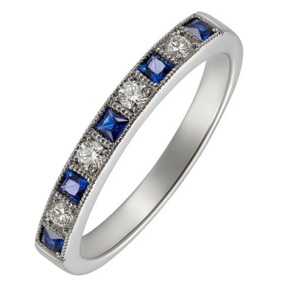 Diamond and sapphire eternity or wedding band in platinum