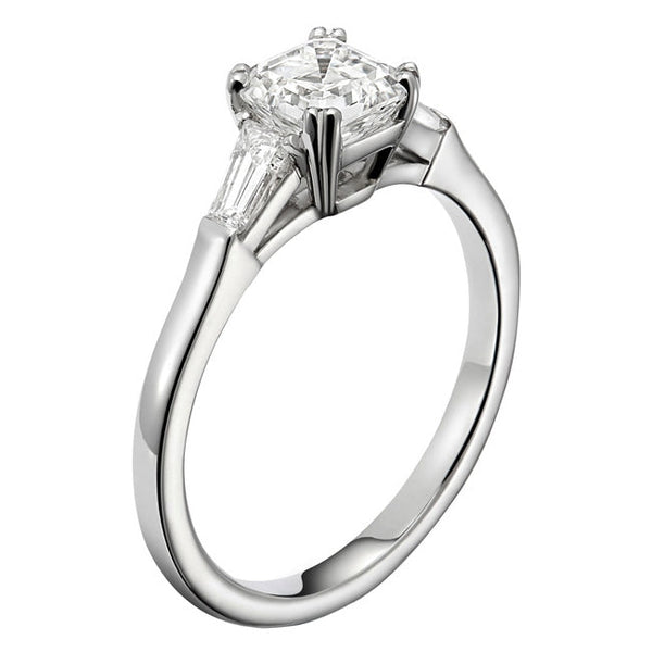 Lab grown asscher cut diamond engagement ring with tapered baguettes