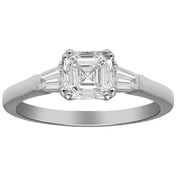 Lab grown asscher cut diamond ring with tapered baguettes in platinum