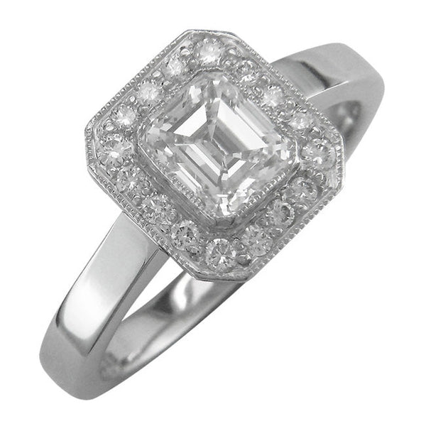 Lab grown emerald cut diamond cluster ring in platinum