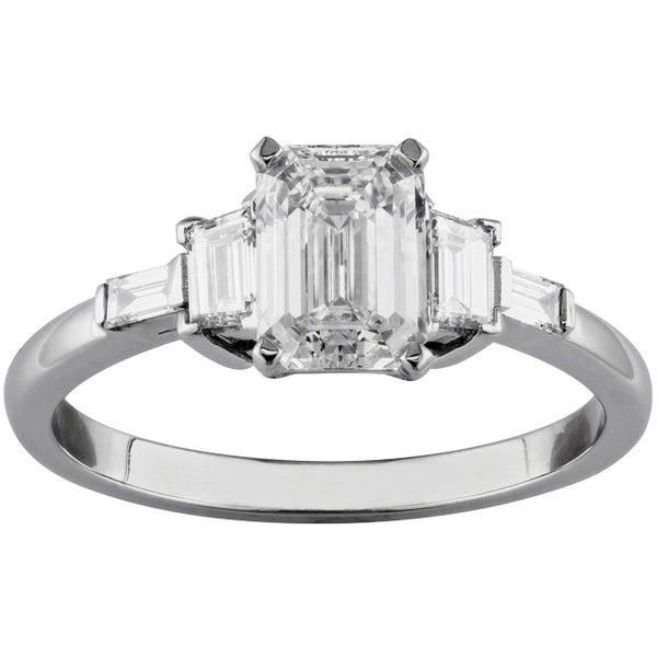 Lab grown emerald cut diamond engagement ring with baguette and trapezoid side stones