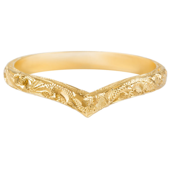 Paisley engraved wishbone wedding ring in yellow gold