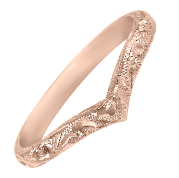 Rose gold wishbone wedding ring with paisley pattern