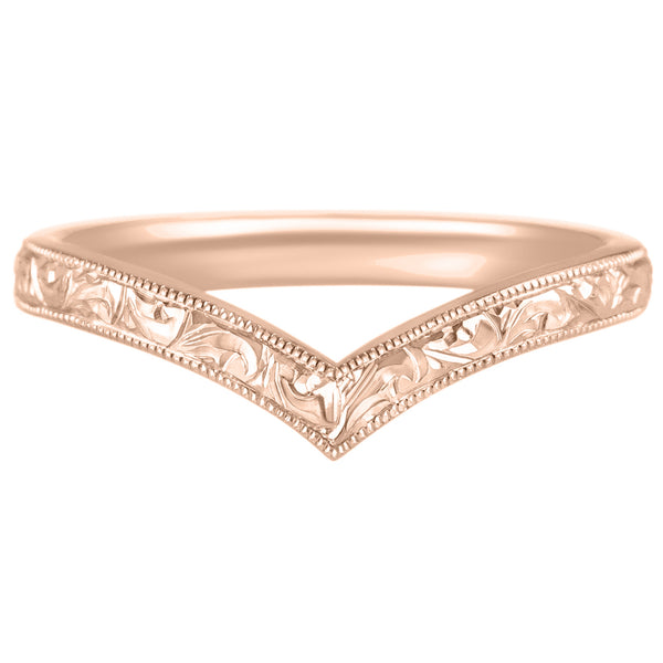 Rose gold wishbone wedding ring with scroll pattern  hand engraved
