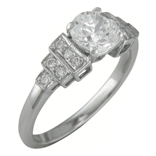 Round brilliant cut lab grown diamond Art Deco ring with tiered shoulders in platinum