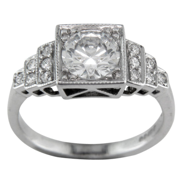 Round lab grown diamond with square setting and side lab grown diamonds in platinum