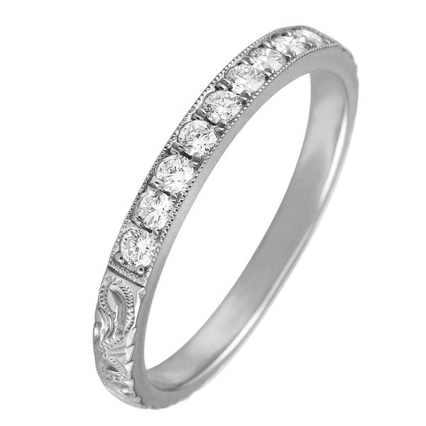 White gold engraved diamond wedding ring