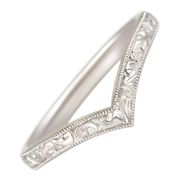 Wishbone wedding ring in platinum and hand engraved