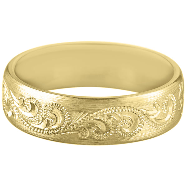 Yellow gold paisley engraved men's wedding ring