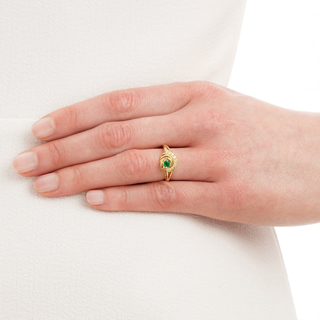Emerald and Diamond Spiral Comet Ring in Gold