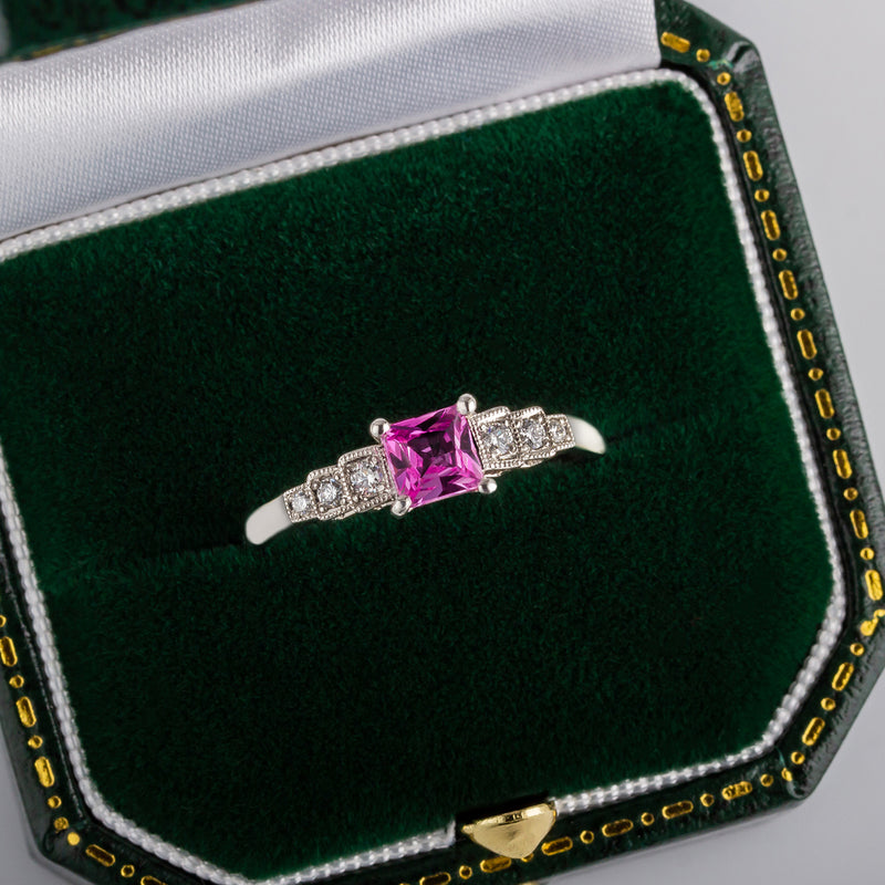 Art Deco pink sapphire and diamond ring in box