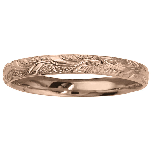 Rose gold wedding band with leaf engraving