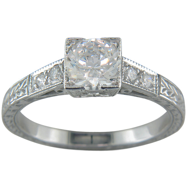 Engraved white gold vintage style engagement ring.