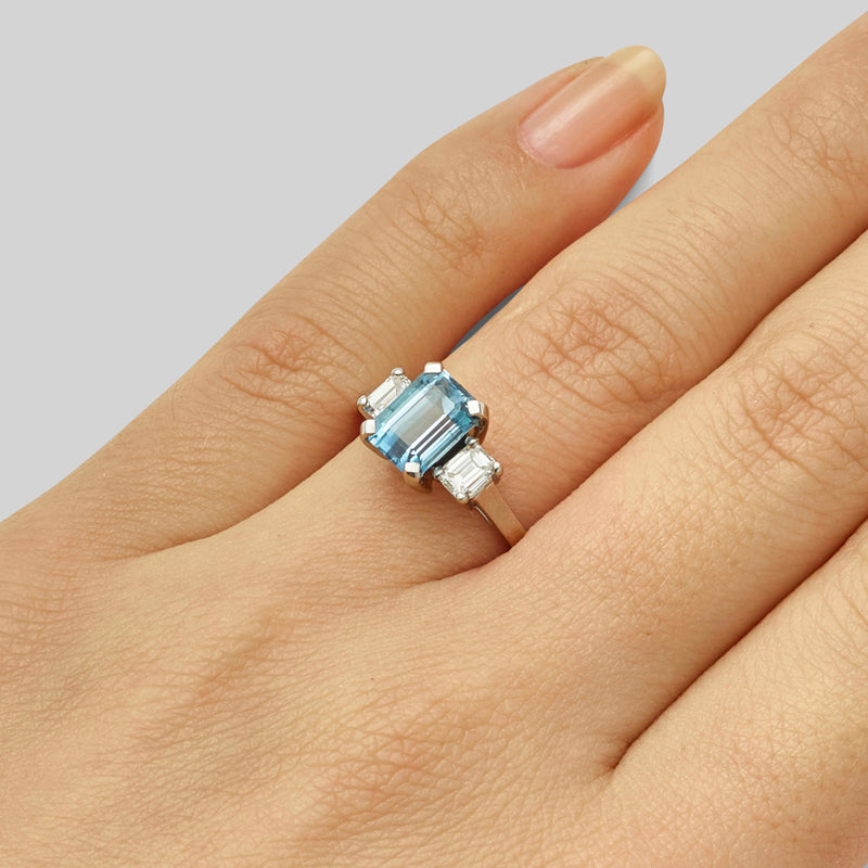 Vintage three stone aquamarine and diamond ring