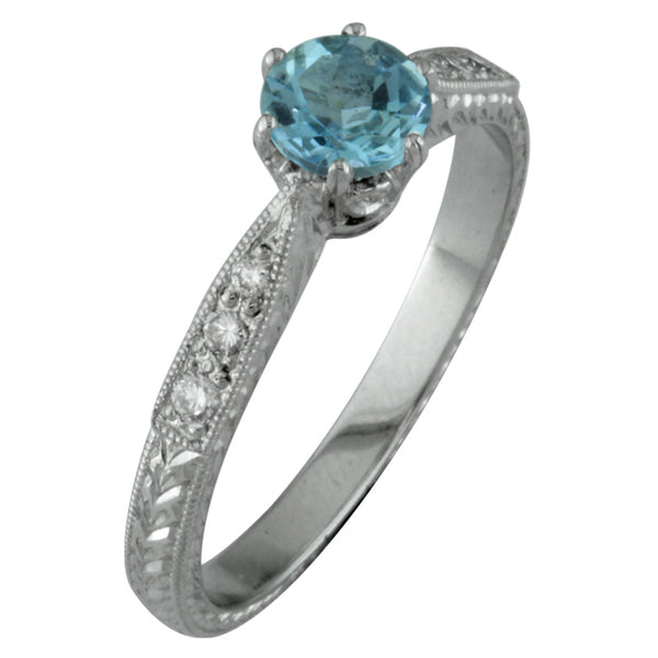Laurel pattern Aquamarine engagement ring