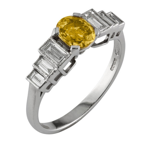 Yellow sapphire ring in platinum with baguettes