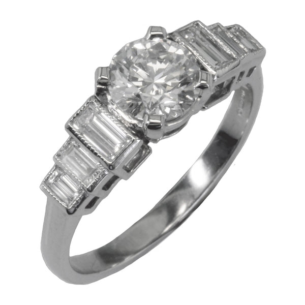 Art Deco Engagement Ring with Three Baguette Diamonds on Each Shoulder