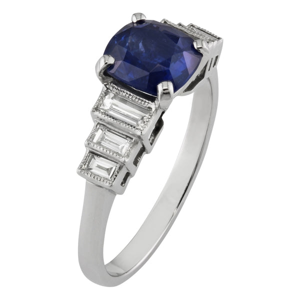 Cushion cut blue sapphire engagement ring in platinum