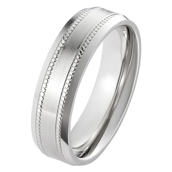 6mm flat court men's wedding ring with brushed & milgrain centre and polished bevelled edges.