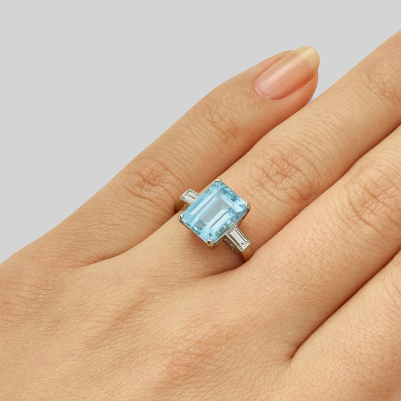 Aquamarine and diamond engagement ring in platinum