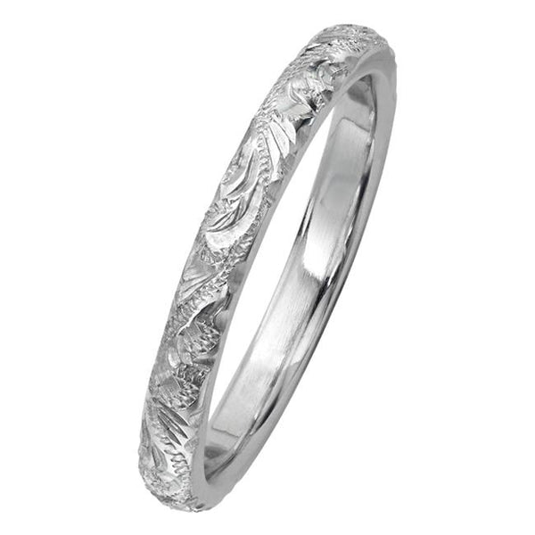2.5mm lady's engraved wedding ring in white gold