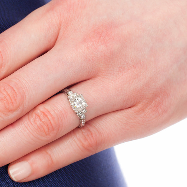 Unusual Engraved Engagement Ring in Platinum