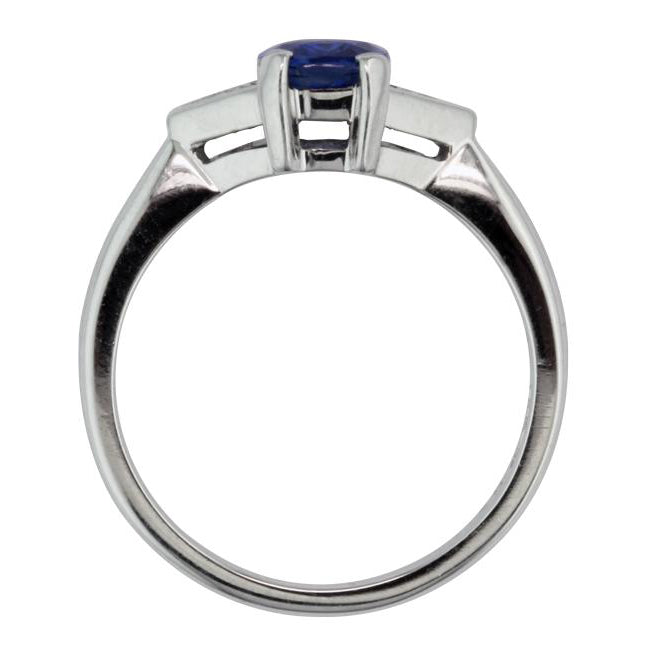 Side view sapphire ring with trillion diamonds