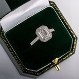Halo Emerald Cut Diamond Engagement Ring with Diamond Band in Box