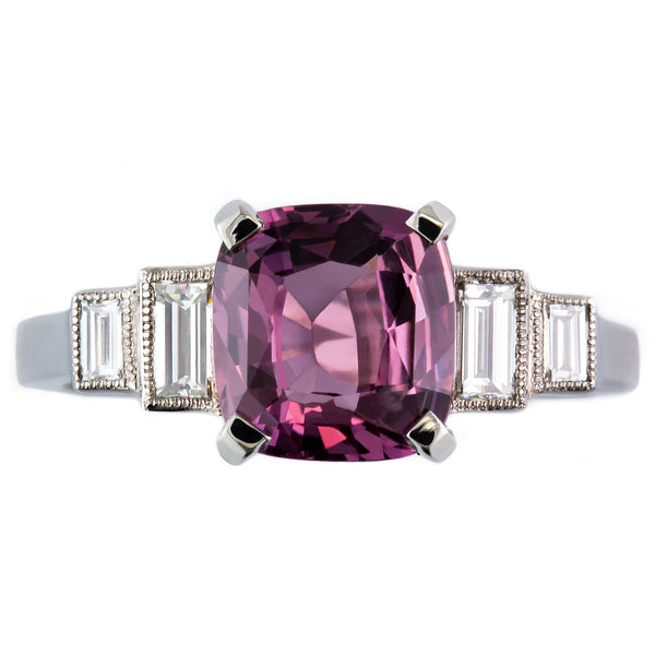 Pink sapphire ring with baguette diamonds in the Art Deco style