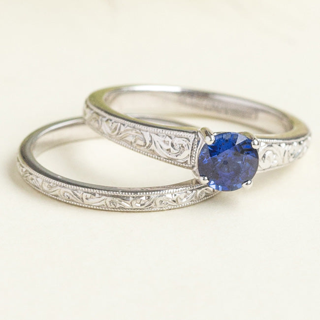 Complimentary engraved bridal set with sapphire engagement ring