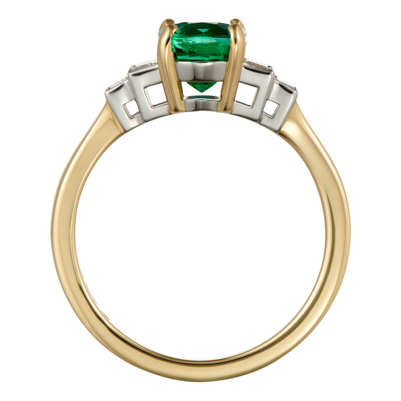 Emerald baguette diamond ring in yellow gold and platinum