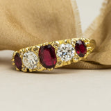 Victorian style ruby diamond half hoop ring in yellow gold