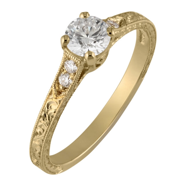 Yellow gold engagement ring engraved pattern