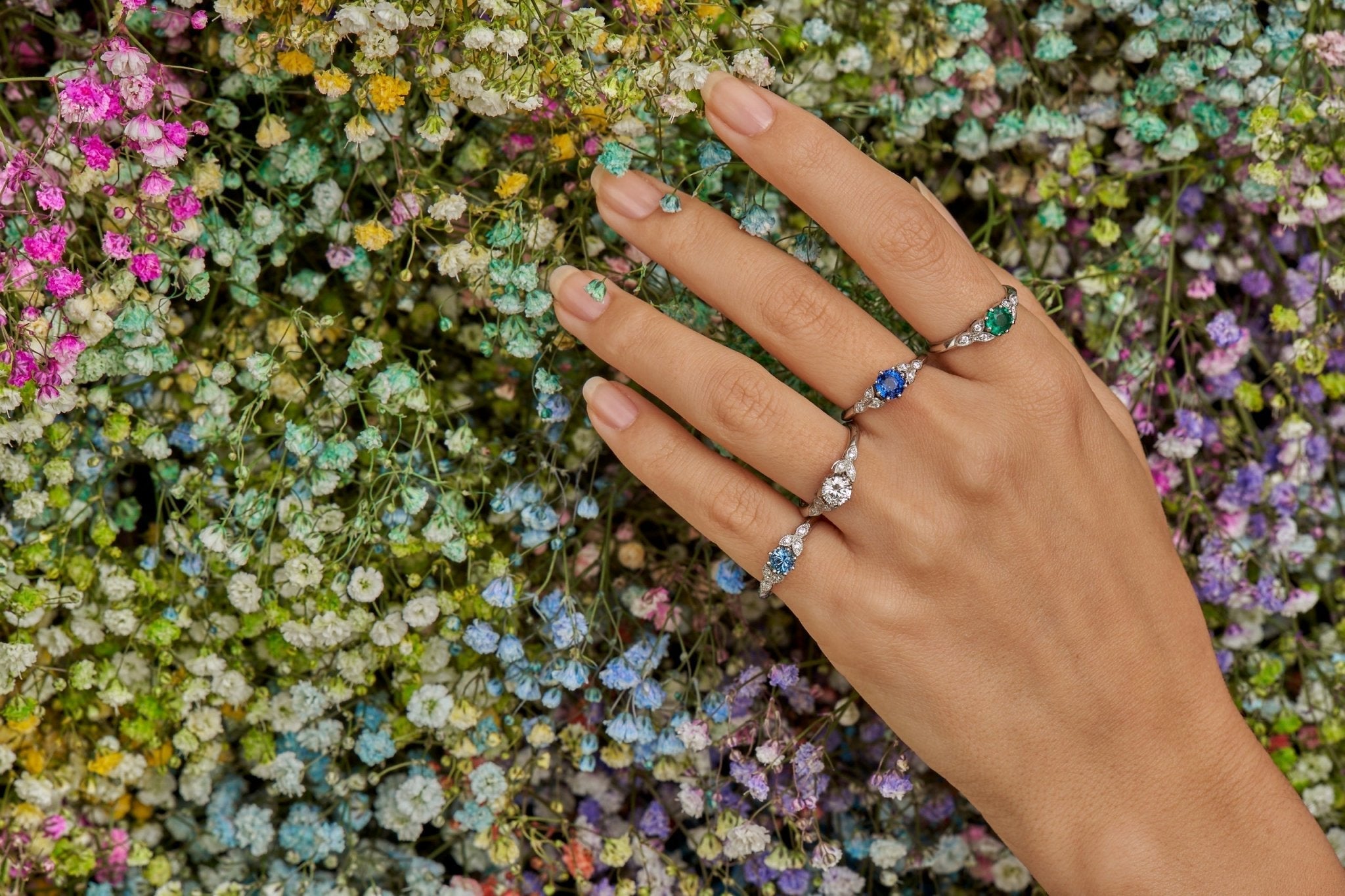 Vintage engagement rings with diamonds and coloured gemstones