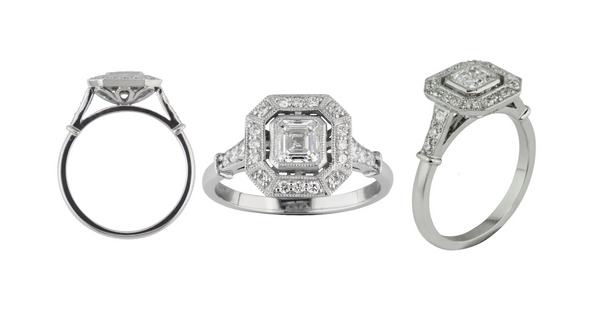 Asscher Cut Diamond Cluster Engagement Ring in Art Deco Style