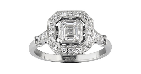 Art Deco Asscher cut diamond halo cluster ring in platinum