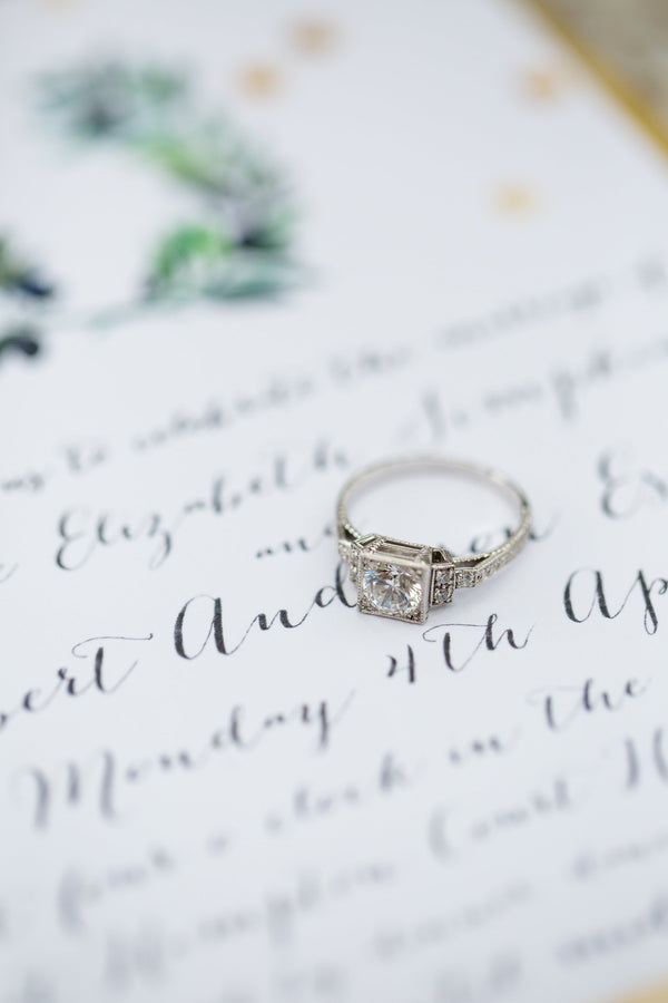 Engraved diamond engagement ring