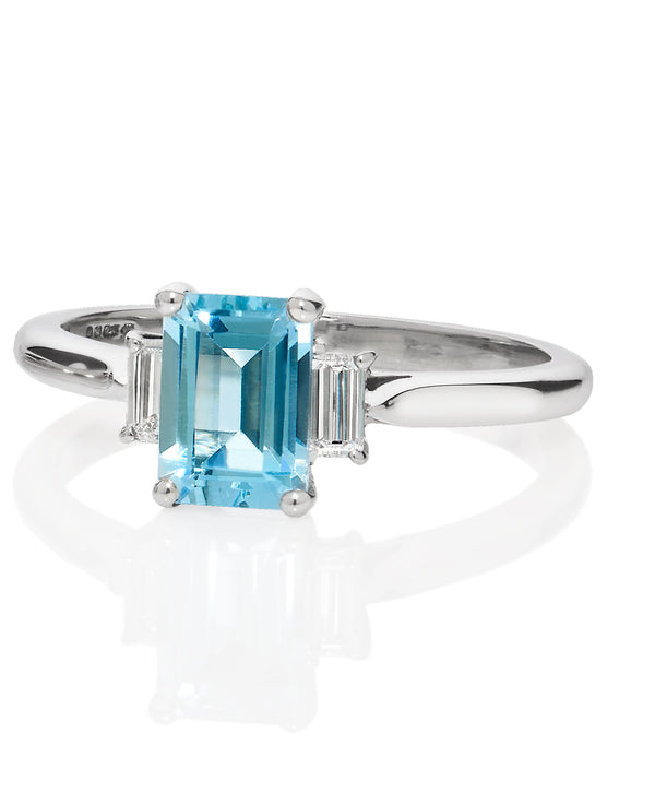 Emerald Cut Aquamarine and Diamond Engagement Ring
