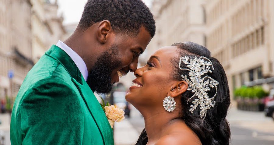 Bride and groom in busy London street