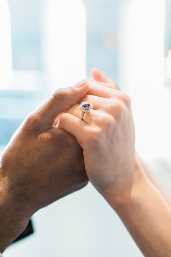 Cushion purple sapphire engagement ring with diamonds