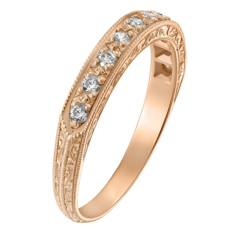 18ct rose gold scroll patterned diamond wedding band