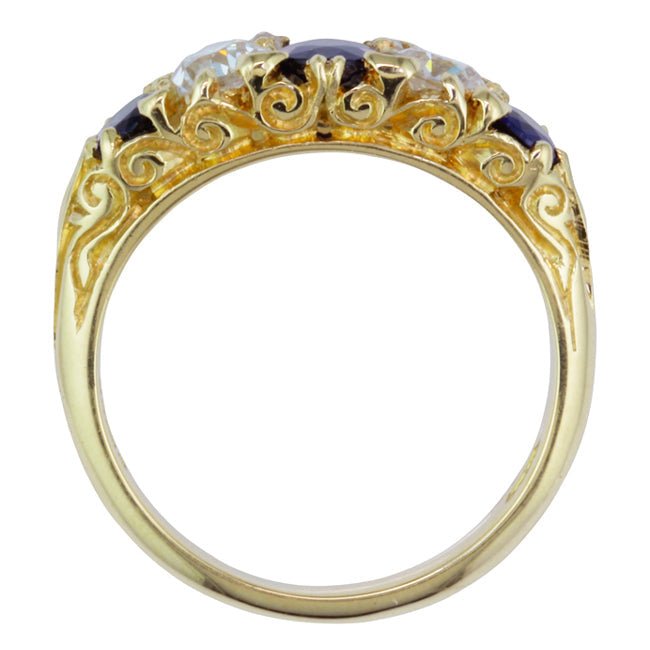 Five stone sapphire and diamond ring carved half hoop ring